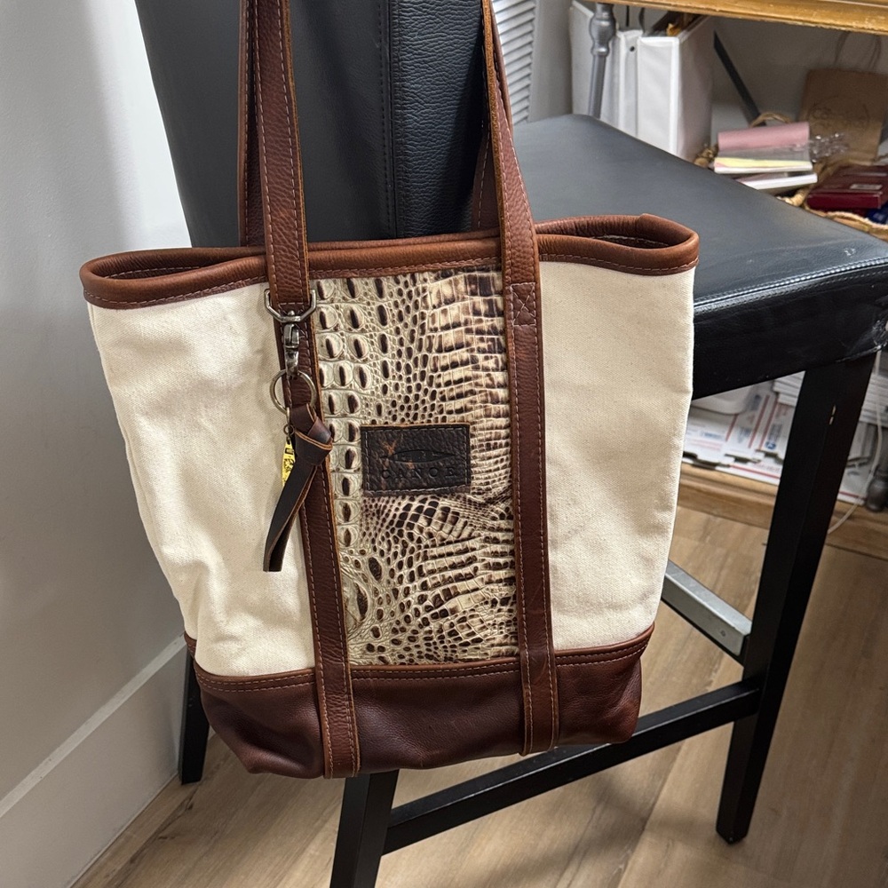 Canoe Brown and Cream Leather and Canvas Tote Bag